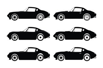 Classic Car Silhouettes: Six sleek classic car silhouettes, in black, are arranged in a grid against a white background. The design is perfect for vintage car enthusiasts or automotive projects.