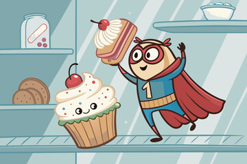 Exceptional Kawaii Bread Superhero Saving Cupcake Falling Off - Clean and Minimalist Visual Story Ex