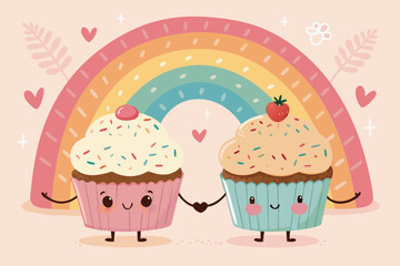 Captivating Kawaii Muffin Couple Holding Hands Under Rainbow - Mysterious and Intriguing Visual Stor
