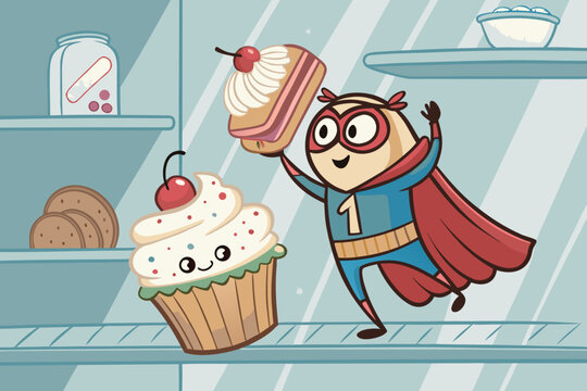 Exceptional Kawaii Bread Superhero Saving Cupcake Falling Off - Clean and Minimalist Visual Story Ex - Powered by Adobe