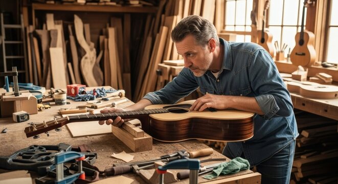 Craftsman's Eye: Close-up of a Luthier Inspecting a New Guitar in His Workshop, A Dedicated Woodworker Meticulously Examines a Guitar, Surrounded by Tools and Timber