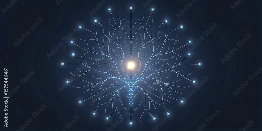Poster a glowing abstract tree of light and connection with a bright center.