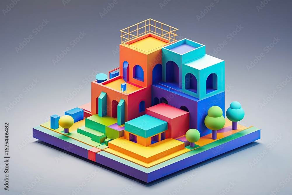 Aufkleber layered isometric design featuring vibrant structures for augmented reality and gaming applications