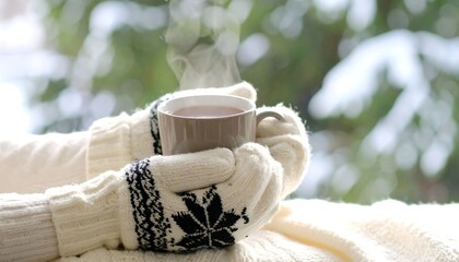 Cozy hands holding steaming mug. Winter scene
