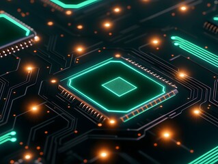 Close-up view of a circuit board with glowing components.