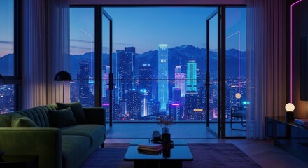 Modern Living Room with Floor to Ceiling Windows Overlooking City Skyline at Night