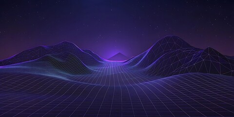 A glowing digital mountain landscape with a neon grid path under a starry night sky.