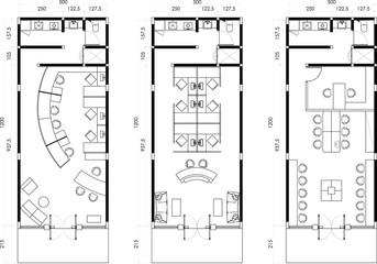 Modern Office Floor Plan Set - 3 Diverse Layouts with Reception, Workspaces & Amenities. 1