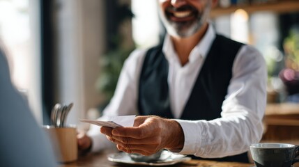 Smiling waiter handing receipt to customer at modern café table, relaxed hospitality mood