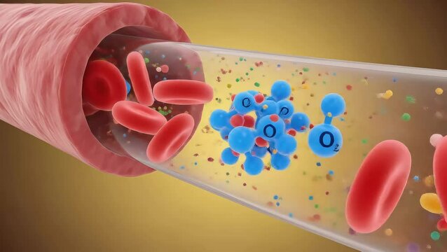 Blood Flow in Vessels: 3D Visual Representation of Red Blood Cells, Oxygen Molecules, and Plasma Elements for Medical Illustration and Education
