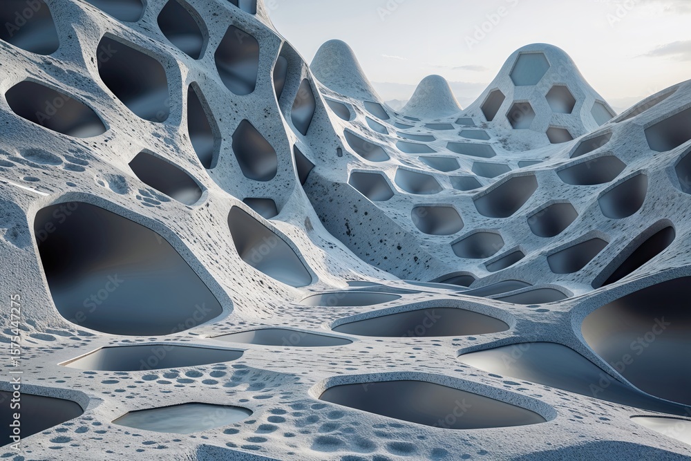Poster futuristic 3d digital landscape featuring innovative hexagonal structures and geometric dimensions