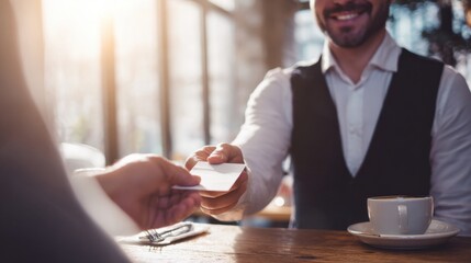Smiling waiter handing receipt to customer at modern café table, relaxed hospitality mood