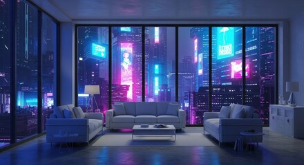 Modern Living Room with Large Floor to Ceiling Windows Showing City Skyline at Night