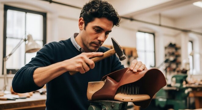 Crafting timeless footwear: A shoemaker's dedication to quality leather and artisanal techniques, The art of shoemaking: A focused craftsman shaping leather with hammer and precision in his workshop