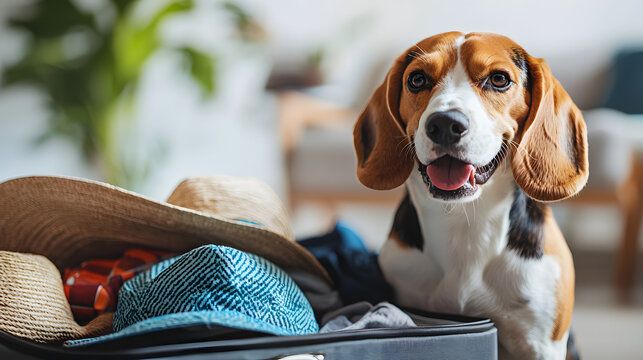 A beagle dog next to an open suitcase with clothes and vacation items Summer travel preparation for the trip packing of luggage