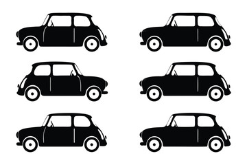 Classic Mini Car Icon Set: Six classic mini car silhouettes, perfect for vintage car design projects, vector illustrations, and automotive-themed designs.