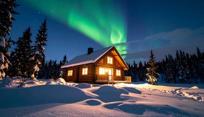 Cozy log cabin, aurora borealis, snowy night