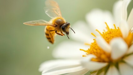 A bee approaching a white and yellow flower with a blurred green background in a close up shot