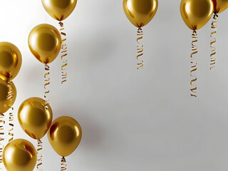 golden party balloons with ribbon on white background