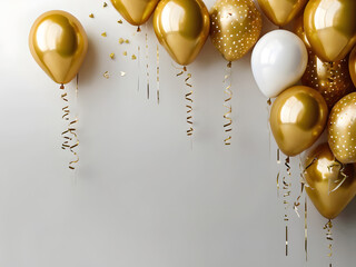golden party balloons with ribbon on white background
