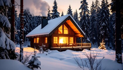 Cozy log cabin in snowy forest at twilight