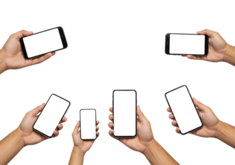 Diverse human hands, light to dark skin tones, holding modern smartphones with blank white screens against a seamless transparent studio background with high-key lighting, concept for technology
