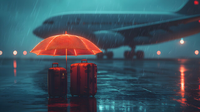 A futuristic depiction of travel insurance with a glowing umbrella and suitcase in front of an airplane