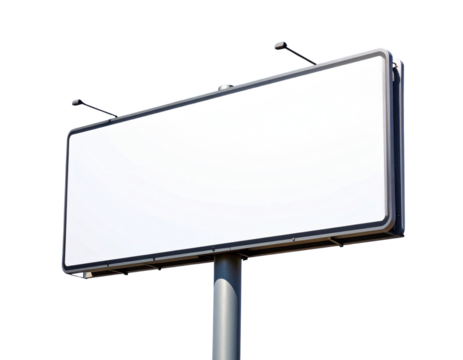 Horizontal blank white sign board with rounded corners, fixed atop a tall gray metal  - Powered by Adobe