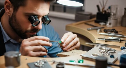 Close-up of a jeweler crafting an emerald ring with precision tools, a craftsman meticulously setting a gemstone in a custom-designed piece of jewelry