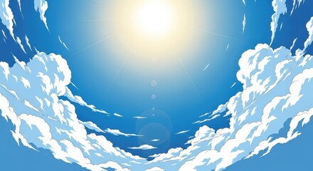 Bright Sun High in Blue Sky with Fluffy White Clouds in Clear Weather