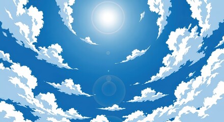 Bright Sun in Clear Blue Sky with Fluffy White Clouds in Natural Outdoor Setting