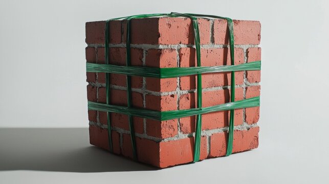 Stacked bricks secured with green straps on a minimalistic background taken during daylight