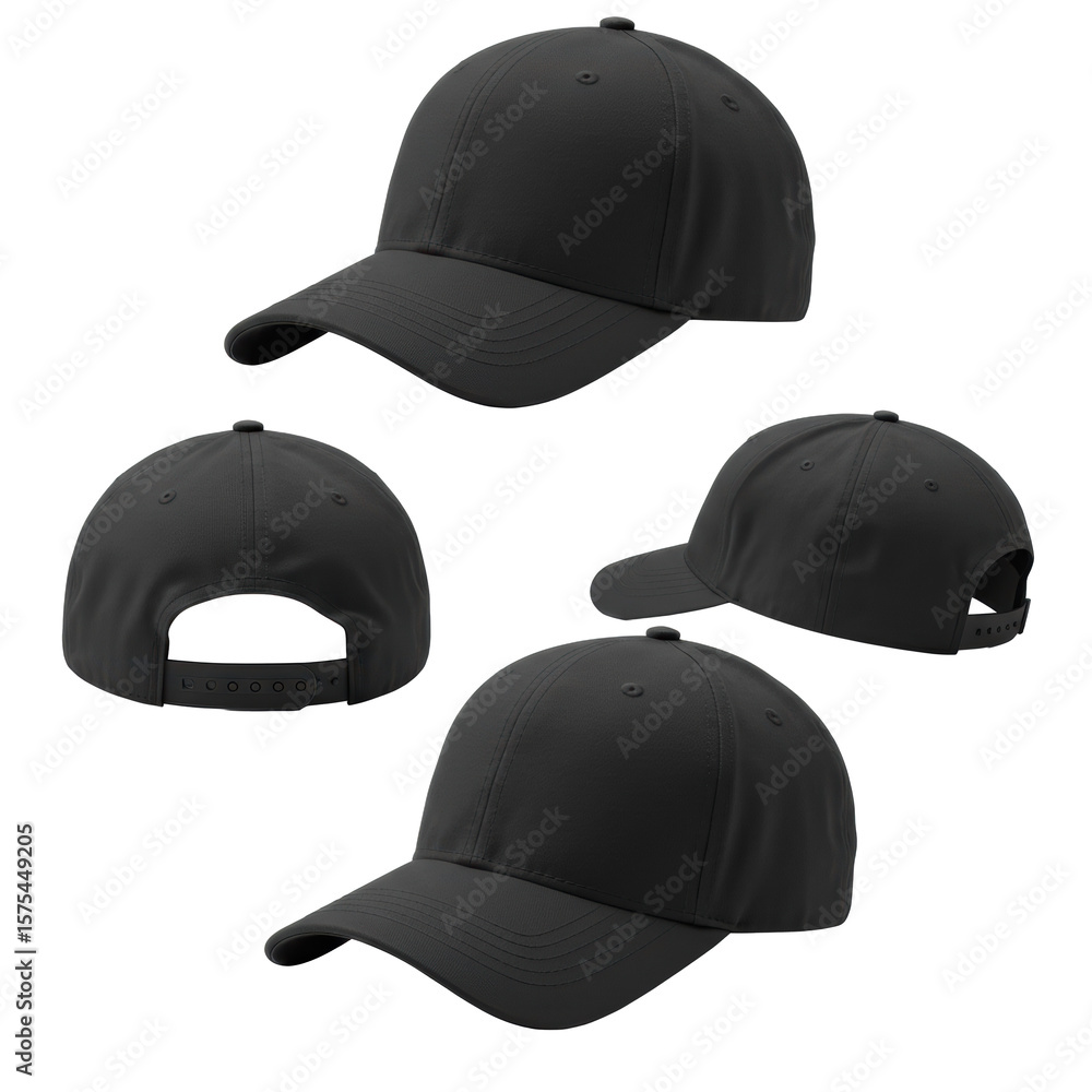 Poster three plain black unbranded baseball caps with distinct stitching, meticulously displayed at differe