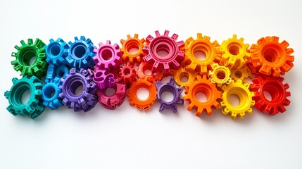 Colorful interlocking gears arranged in a vibrant spectrum on a white background showcasing creativity and playfulness in design