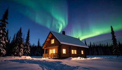 Cozy log cabin under aurora borealis