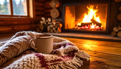 Cozy mug by fireplace