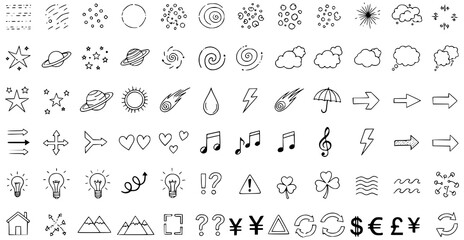 Fototapeta premium Сollection of various black doodle elements, manga-style illustration pictogram icon set. transparent PNG version.