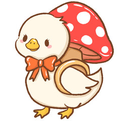 Cute hand drawn kawaii silly goose wearing a mushroom like a backpack charming whimsical forest illustration perfect for fairy tale themes magical nature designs children books stickers stationery