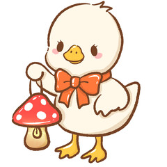 Whimsical hand drawn kawaii silly goose holding a glowing mushroom lamp cute forest creature illustration perfect for fairy tale designs children’s books stickers and charming craft projects