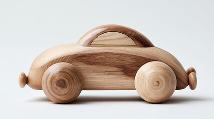 A photo of a wooden toy car on a clean white background