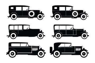 Vintage Cars Illustration: A collection of elegant vintage cars, each rendered in silhouette, showcasing classic designs from a bygone era. The black and white composition adds a timeless appeal
