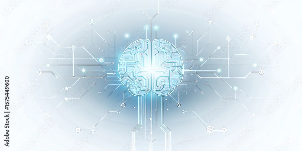 Poster a glowing blue digital brain with intricate circuits symbolizes artificial intelligence and advanced