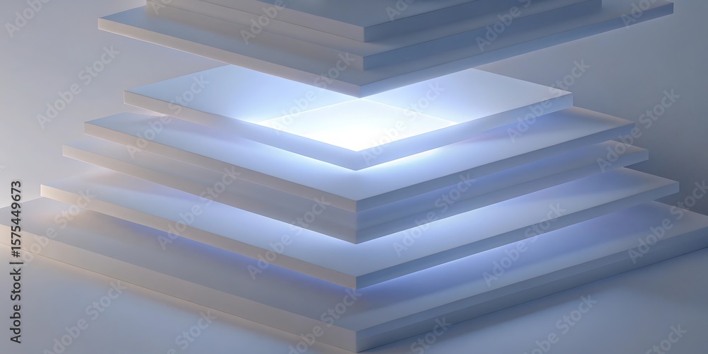 Poster a stack of illuminated white panels creates a modern abstract design with soft blue lighting.