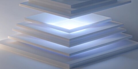 Obraz premium A stack of illuminated white panels creates a modern abstract design with soft blue lighting.