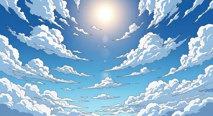 Bright Sun High in Blue Sky with Fluffy White Clouds in a Natural Outdoor Scene