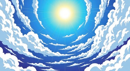 Bright Sun in Blue Sky with Fluffy Clouds and Radiant Light