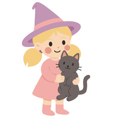 A little witch hugs a black cat - Halloween clipart