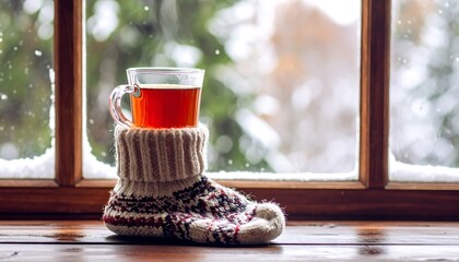 Cozy tea in a knitted sock by a snowy window