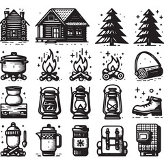 Collection of camping and outdoor themed graphic elements set of icon