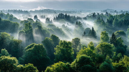 Lush Green Forest with Sunlit Fog